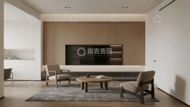 高清大图下载【趣麦麦图】现代简约风格客厅配备木质茶几和舒适扶手椅