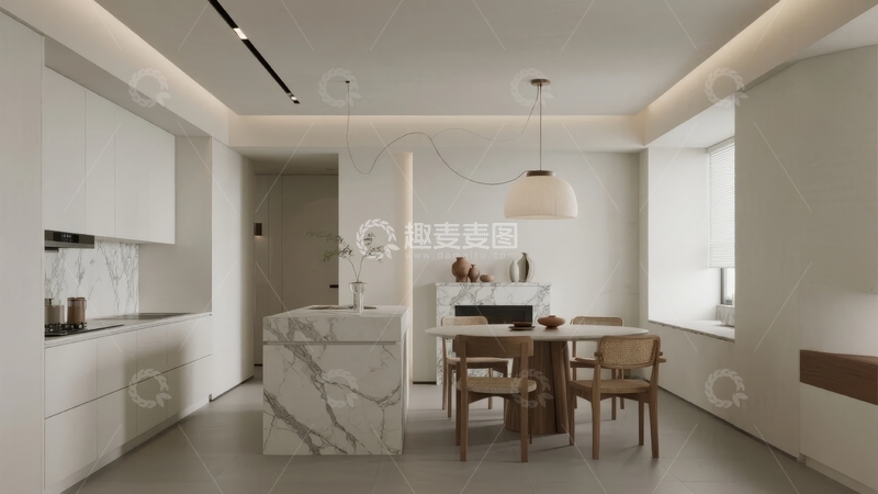 高清大图下载【趣麦麦图】现代简约风格厨房与餐厅一体化设计