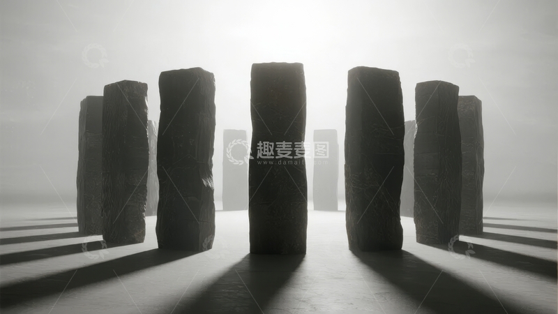 高清大图下载【趣麦麦图】石柱群在晨光中投下长长阴影的黑白影像