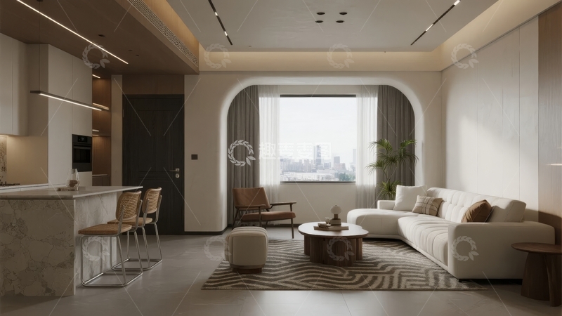 高清大图下载【趣麦麦图】现代简约风格客厅与开放式厨房设计