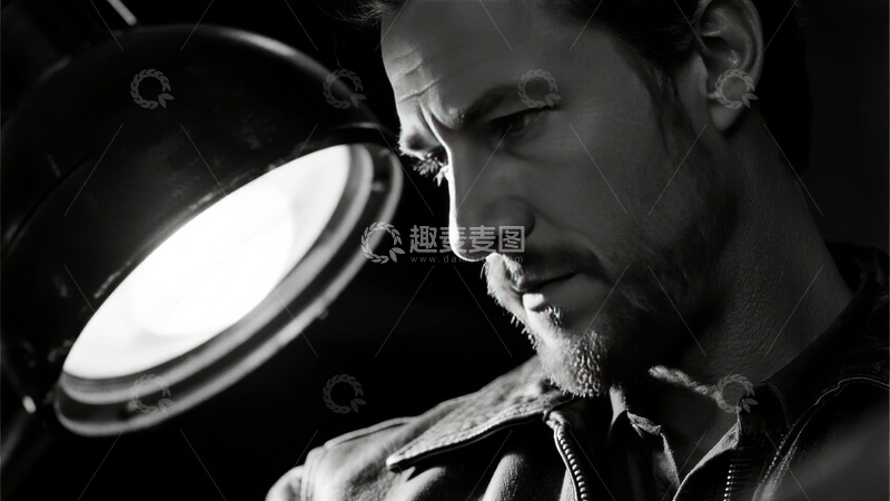 高清大图下载【趣麦麦图】黑白照片中男子在台灯下沉思
