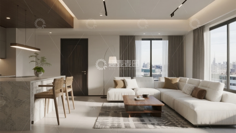 高清大图下载【趣麦麦图】现代简约风格客厅与开放式厨房设计