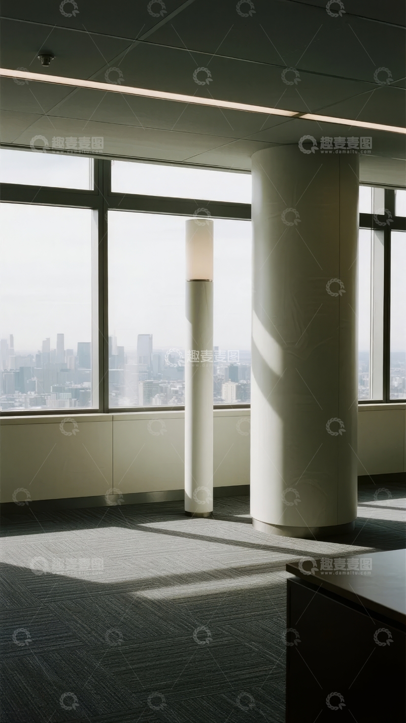 高清大图下载【趣麦麦图】现代办公室内景透过大窗可见城市景观