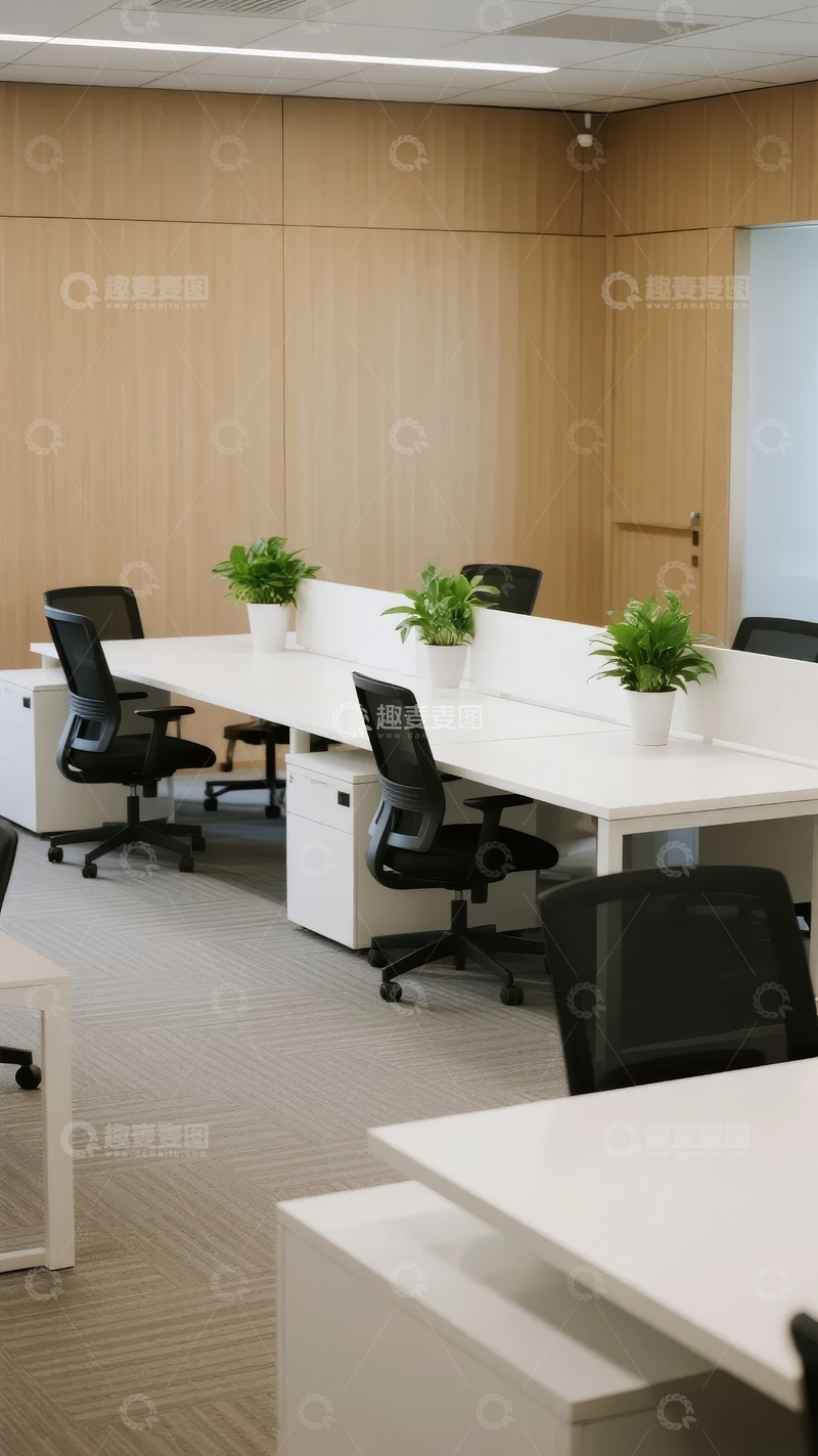高清大图下载【趣麦麦图】现代办公室内白色办公桌与黑色办公椅排列整齐