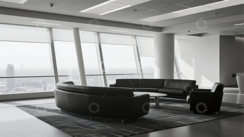 高清大图下载【趣麦麦图】现代办公室休息区黑白照片展现宽敞落地窗与舒适沙发