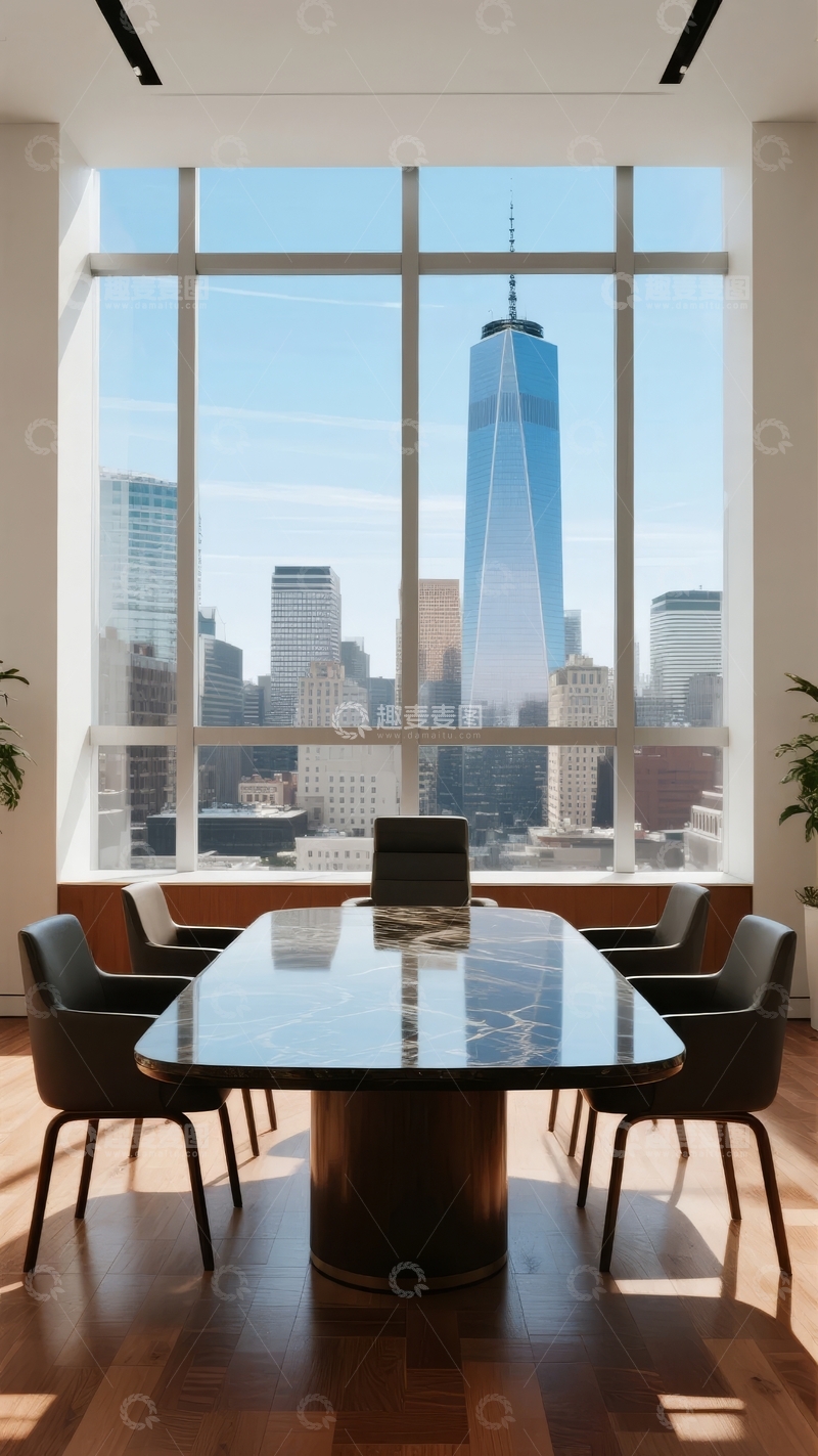 高清大图下载【趣麦麦图】现代办公室内景配以城市天际线和摩天大楼
