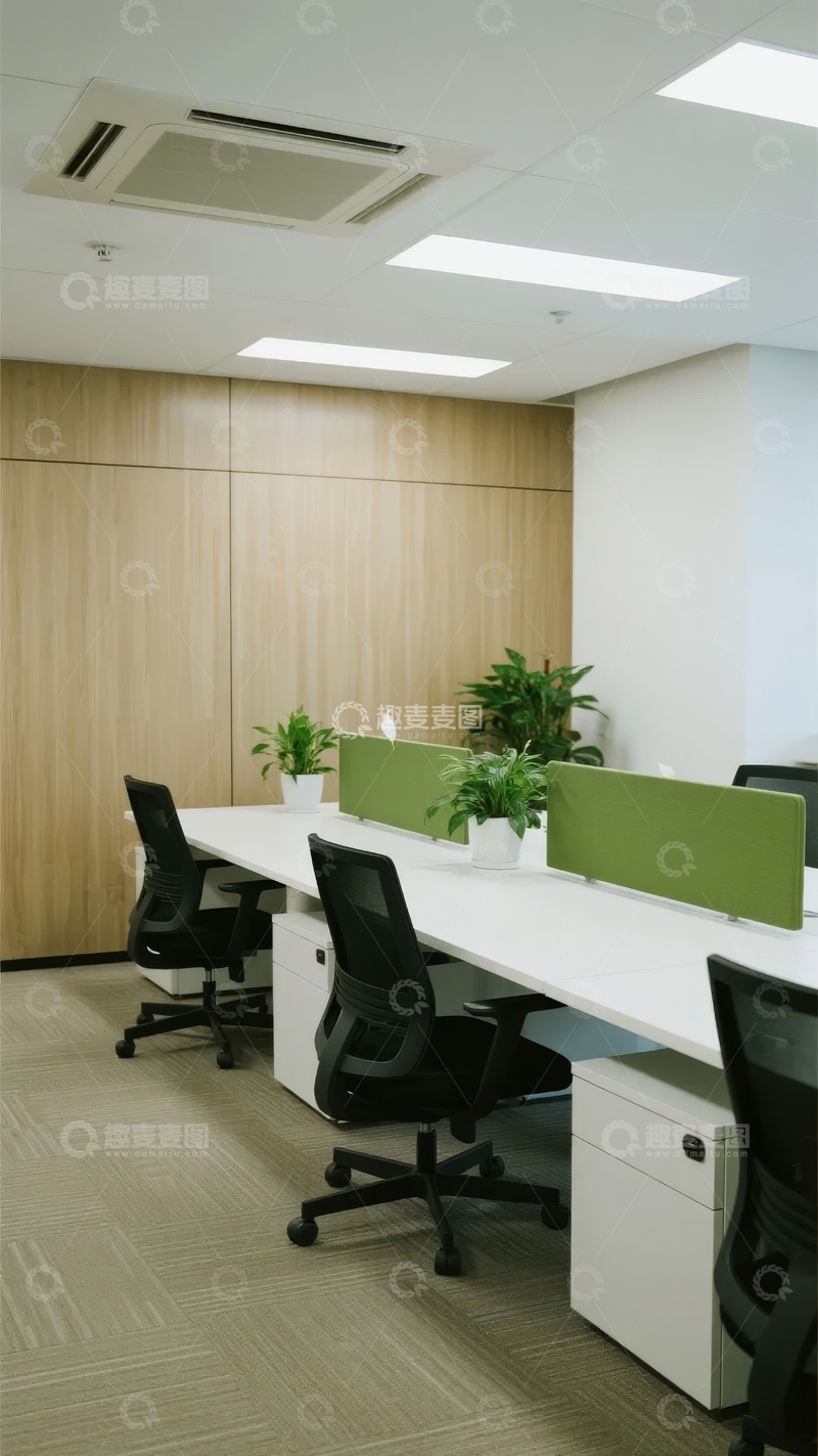 高清大图下载【趣麦麦图】现代办公室内景办公桌椅与绿植装饰