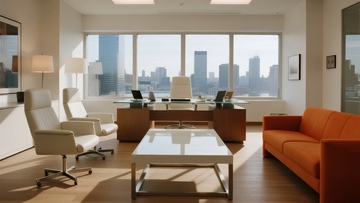 现代办公室客厅融合城市景观与舒适家具
