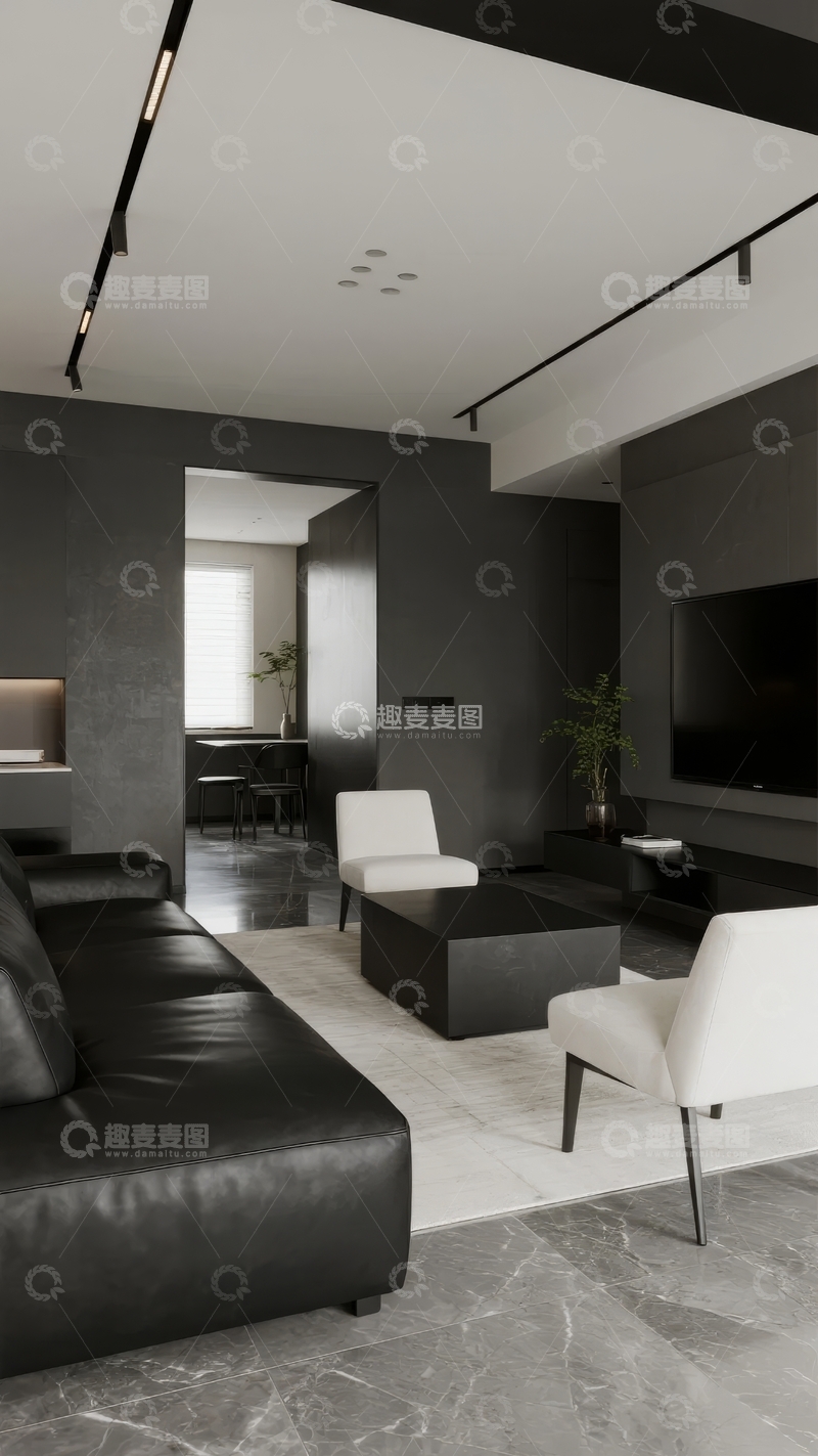 高清大图下载【趣麦麦图】现代简约风格客厅设计以黑灰色调为主