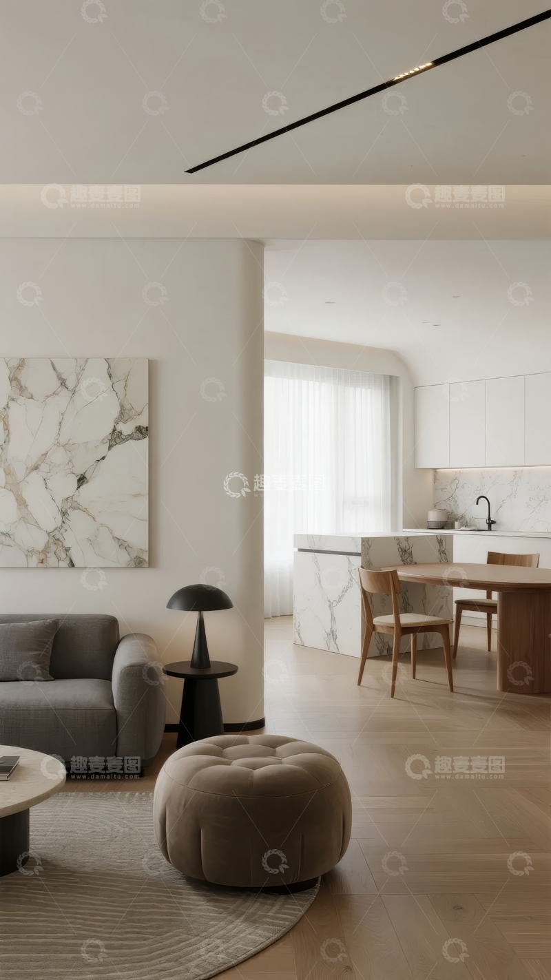 高清大图下载【趣麦麦图】现代简约风格客厅与厨房开放式设计