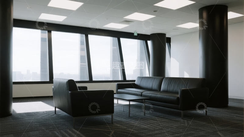 高清大图下载【趣麦麦图】现代办公室休息区配备大窗户和黑色沙发