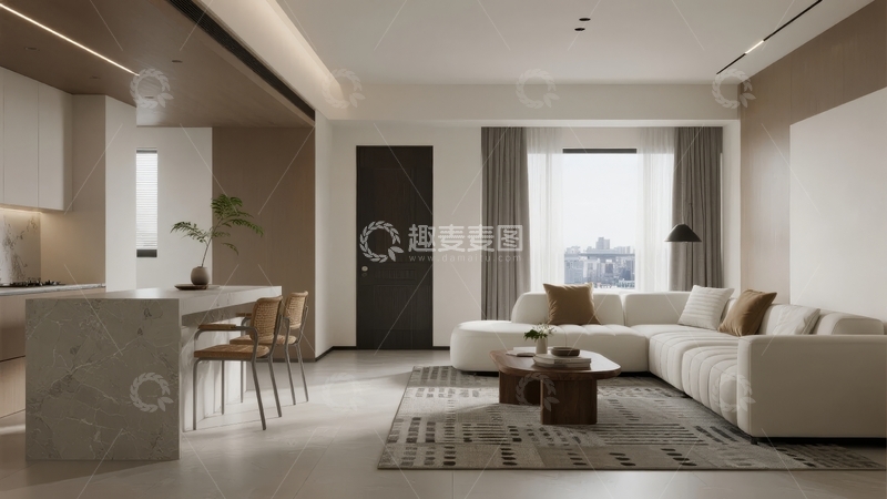 高清大图下载【趣麦麦图】现代简约风格客厅与开放式厨房