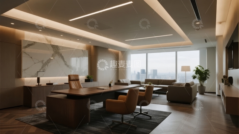 高清大图下载【趣麦麦图】现代豪华办公室配备宽敞落地窗和大理石墙面