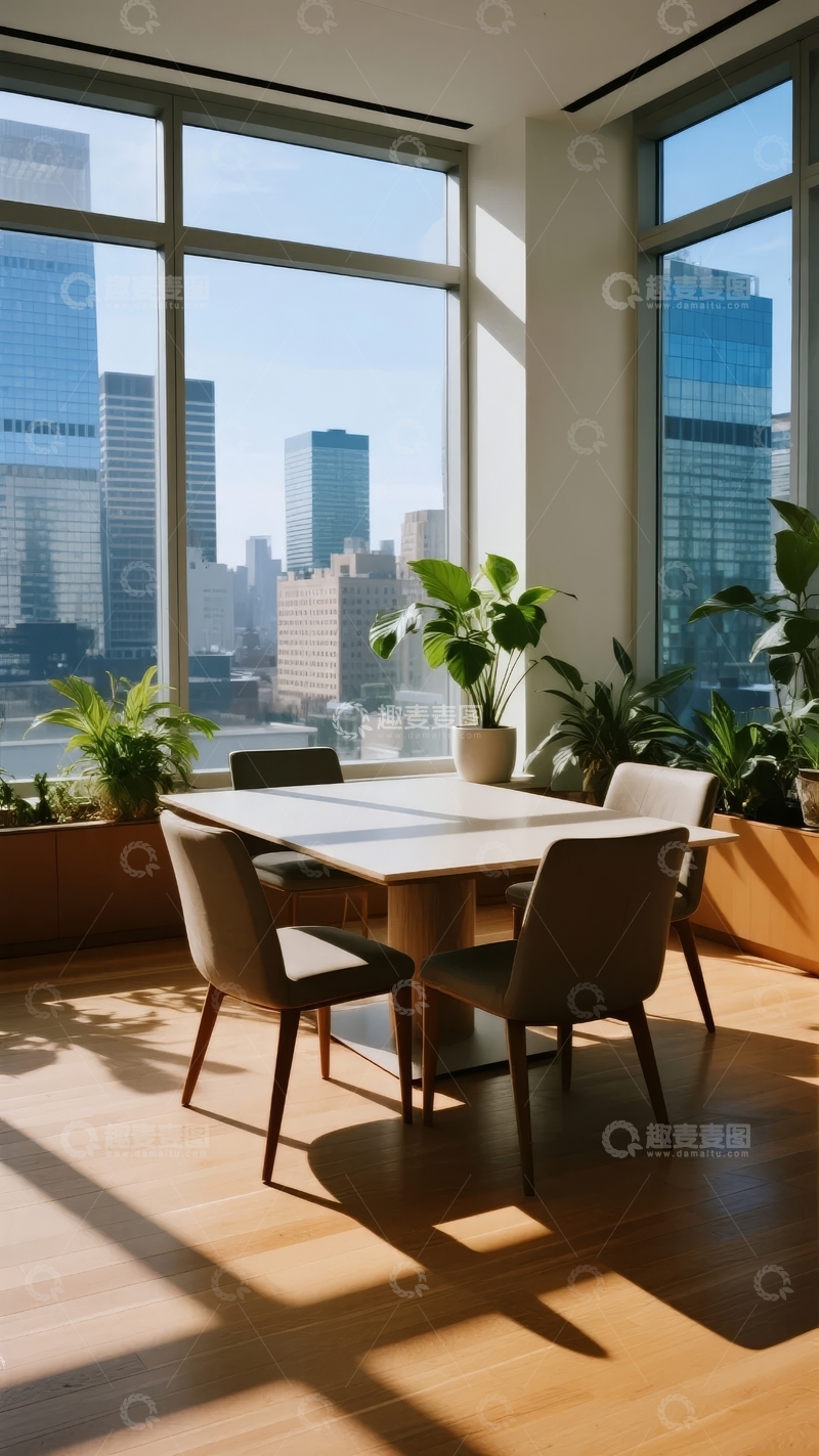 高清大图下载【趣麦麦图】现代室内餐桌椅与城市景观窗景