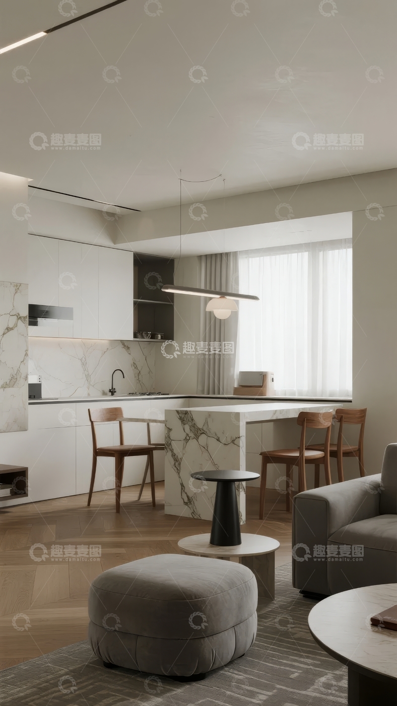 高清大图下载【趣麦麦图】现代简约风格厨房与客厅开放式设计