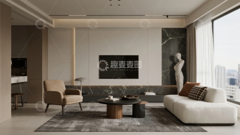 高清大图下载【趣麦麦图】现代简约客厅设计配备大窗户和艺术装饰