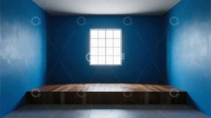 高清大图下载【趣麦麦图】蓝色墙壁房间内木质平台与明亮窗户的简约场景