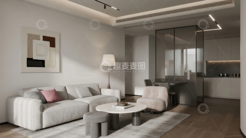 高清大图下载【趣麦麦图】现代简约风格客厅设计包含沙发茶几与开放式厨房