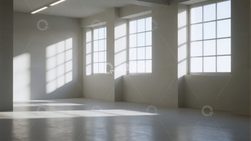 高清大图下载【趣麦麦图】空旷房间内阳光透过大窗户洒在墙面上