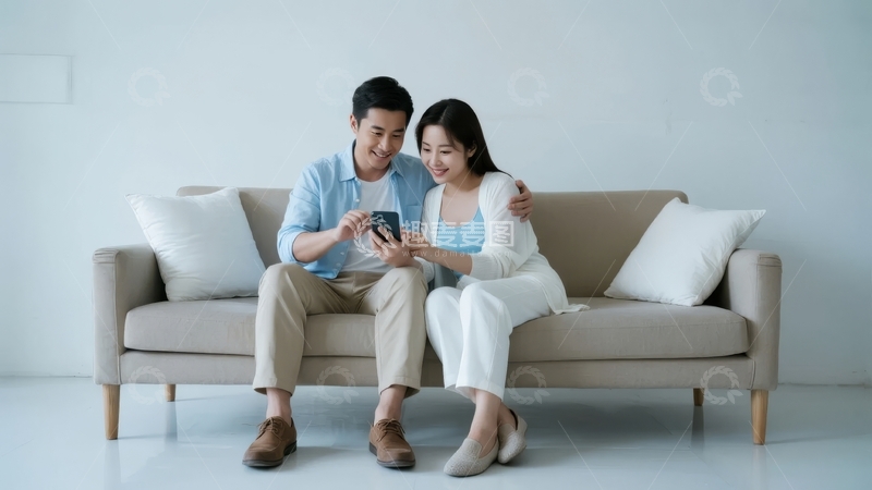 高清大图下载【趣麦麦图】一对情侣在沙发上共同查看手机