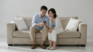 一对男女坐在沙发上专注地看着手机