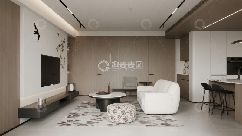 高清大图下载【趣麦麦图】现代简约风格客厅与开放式厨房空间设计