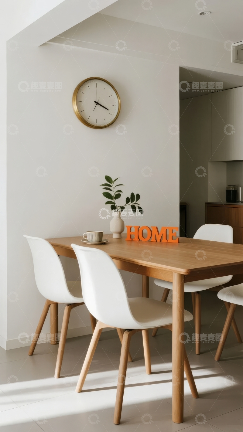 高清大图下载【趣麦麦图】现代简约风格的餐厅角落摆放着木质餐桌和装饰品