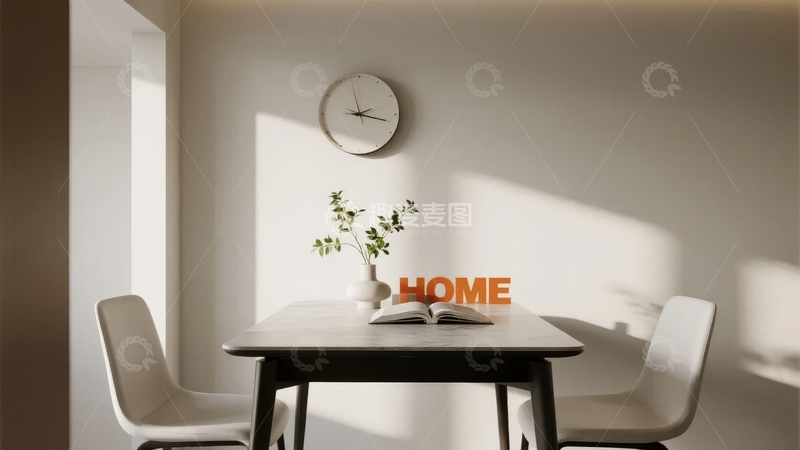 高清大图下载【趣麦麦图】简约室内餐桌旁摆放着绿植和时钟