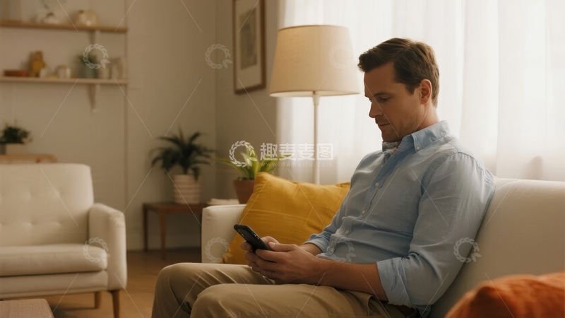 高清大图下载【趣麦麦图】男子在客厅沙发上专注使用手机
