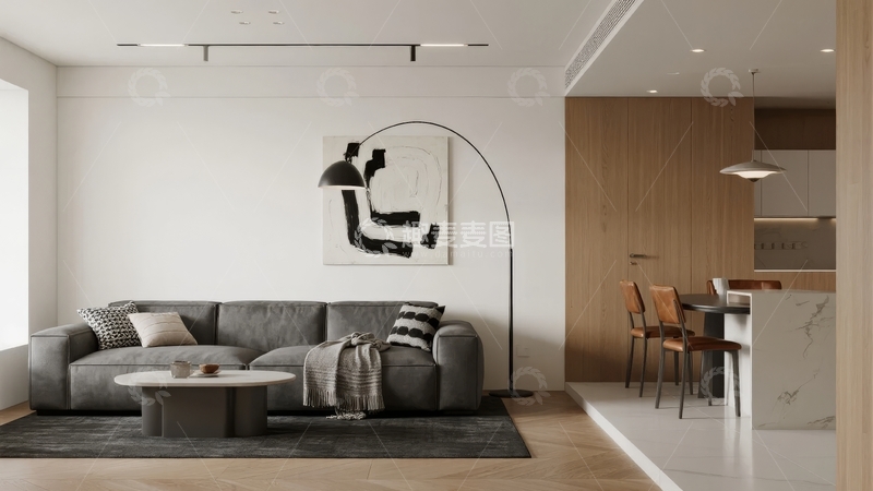 高清大图下载【趣麦麦图】现代简约风格客厅与开放式厨房空间设计