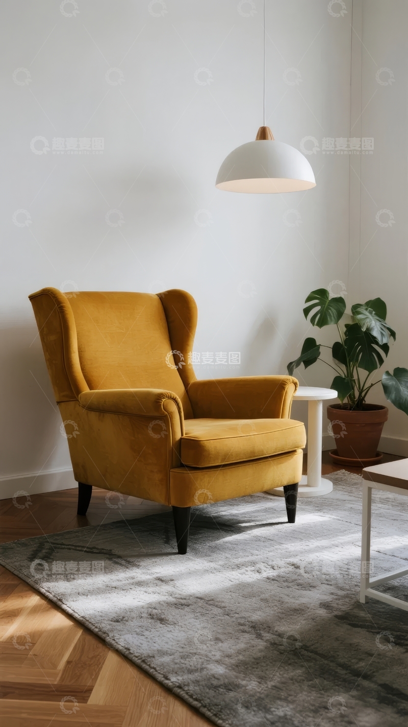 高清大图下载【趣麦麦图】黄色扶手椅置于简约室内角落搭配绿植与吊灯