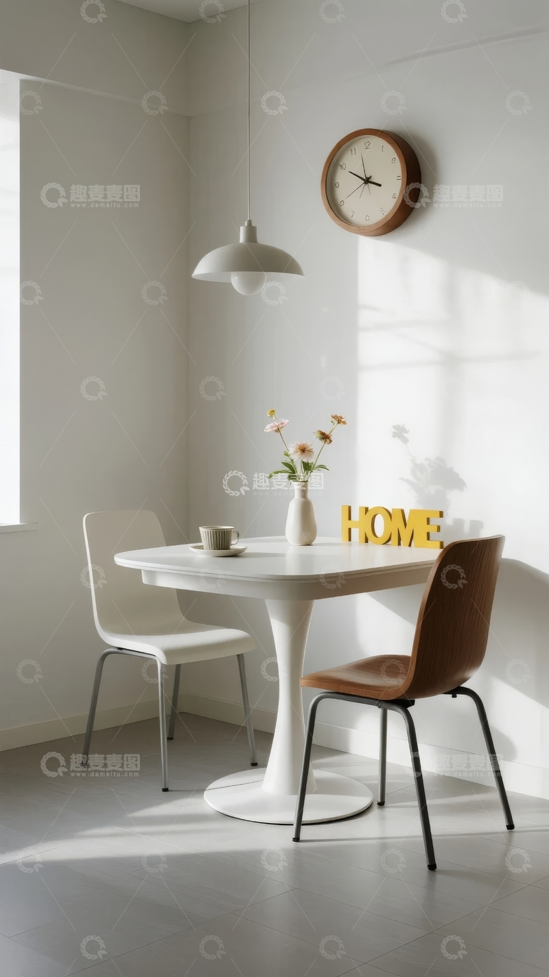 高清大图下载【趣麦麦图】简约风格餐厅角落摆放着圆形餐桌和椅子