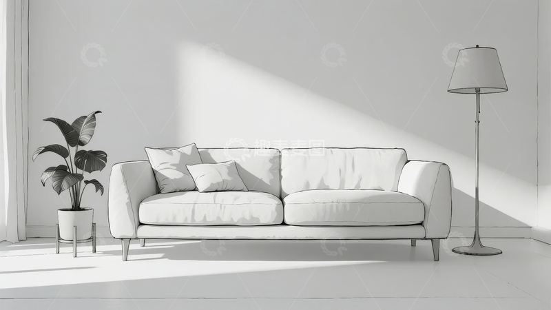 高清大图下载【趣麦麦图】简约室内空间中沙发与绿植在光影下的静谧场景