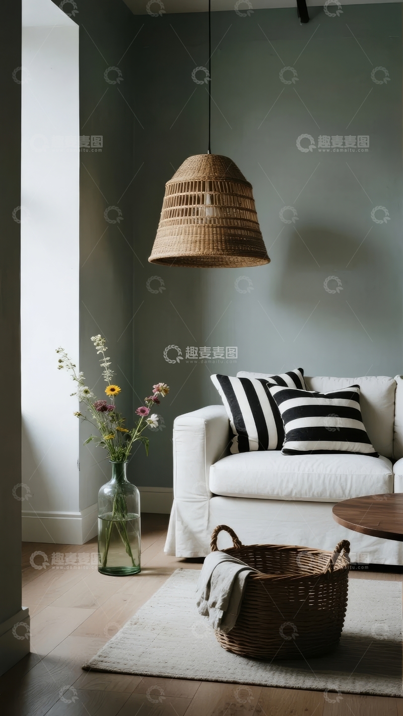 高清大图下载【趣麦麦图】简约风格客厅一角悬挂编织吊灯与条纹靠垫