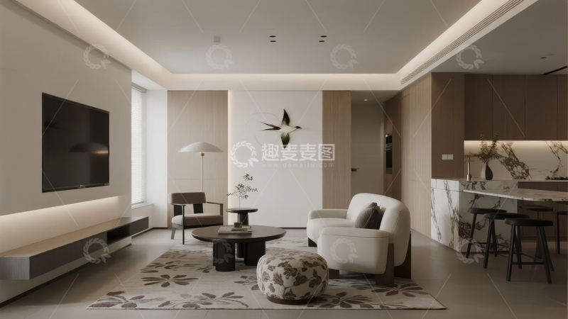 高清大图下载【趣麦麦图】现代简约风格客厅与开放式厨房空间设计