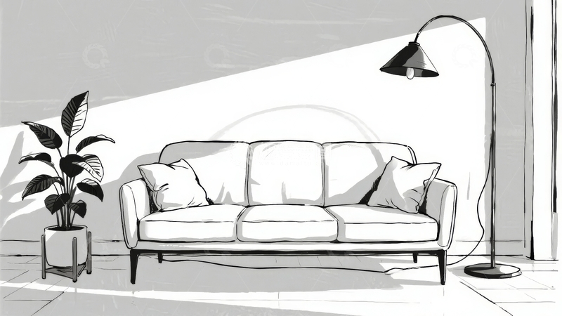 高清大图下载【趣麦麦图】简约风格客厅一角沙发旁有绿植和落地灯