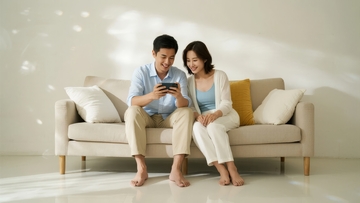 一对男女坐在沙发上共同观看手机