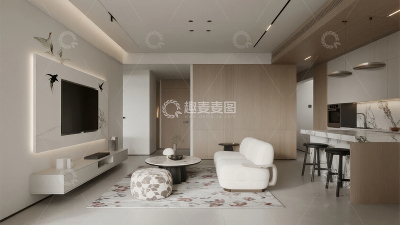 高清大图下载【趣麦麦图】现代简约风格客厅与开放式厨房空间设计