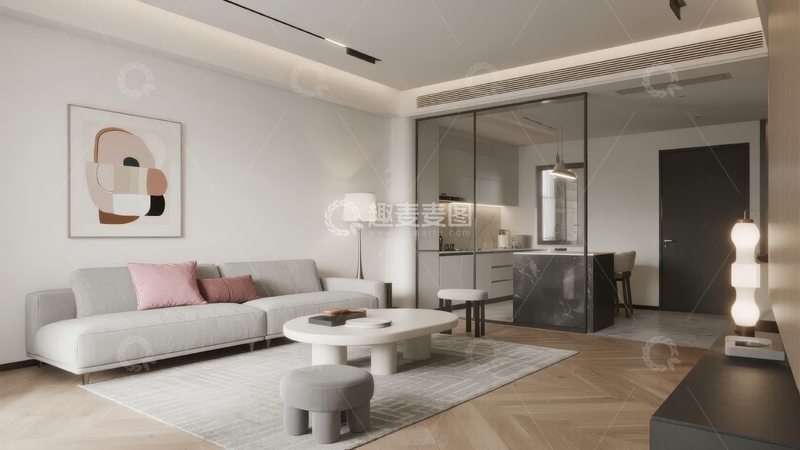 高清大图下载【趣麦麦图】现代简约风格客厅设计包含沙发茶几与艺术装饰画
