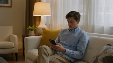 年轻男子在客厅沙发上专注使用手机