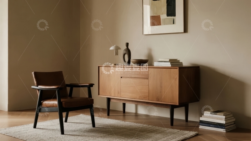 高清大图下载【趣麦麦图】简约现代风格客厅一角摆放着木质柜子和单人椅