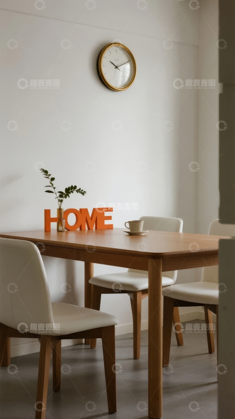 高清大图下载【趣麦麦图】-简约风格餐厅墙面挂钟木质餐桌及装饰摆件