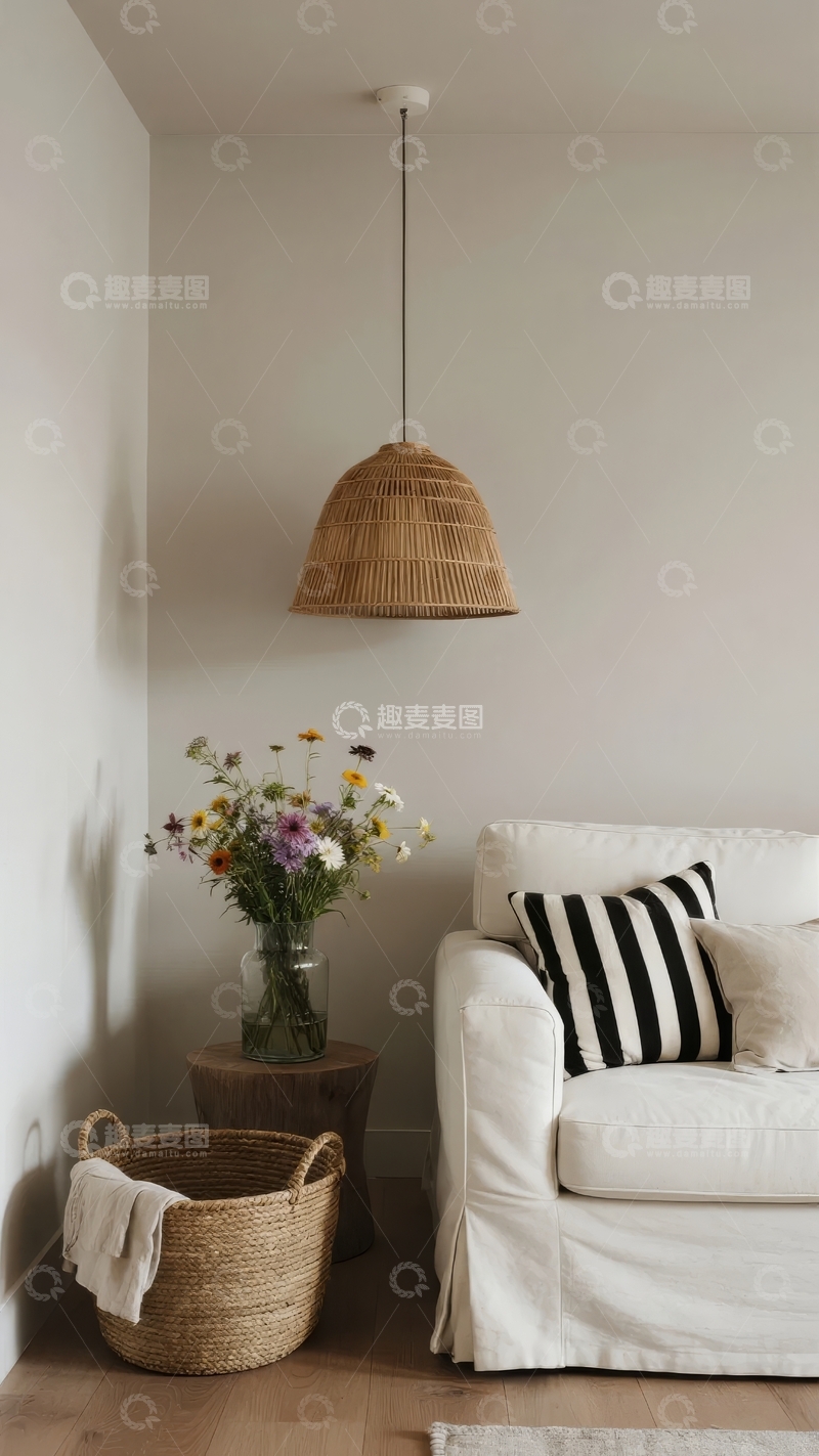 高清大图下载【趣麦麦图】简约风格客厅一角悬挂编织吊灯与花卉装饰