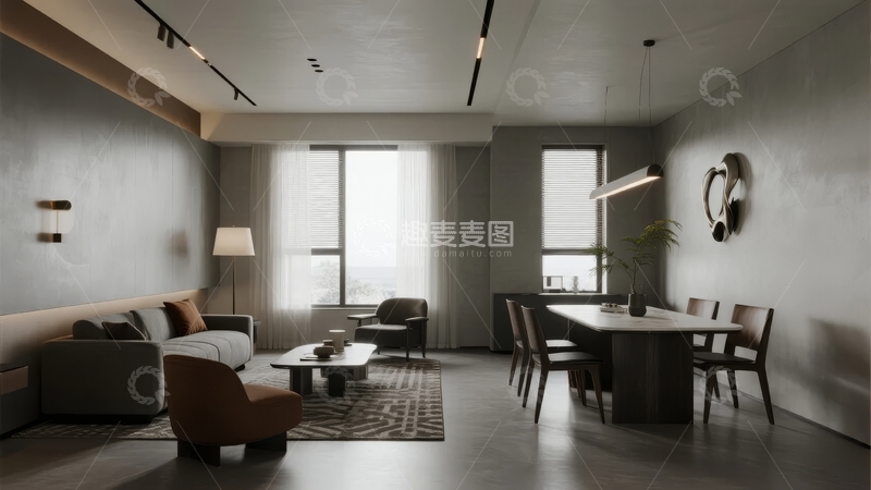 高清大图下载【趣麦麦图】现代简约风格客厅与餐厅一体化设计