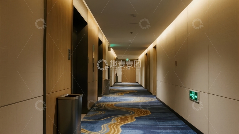 高清大图下载【趣麦麦图】酒店走廊铺有蓝色花纹地毯两侧有门和出口标志