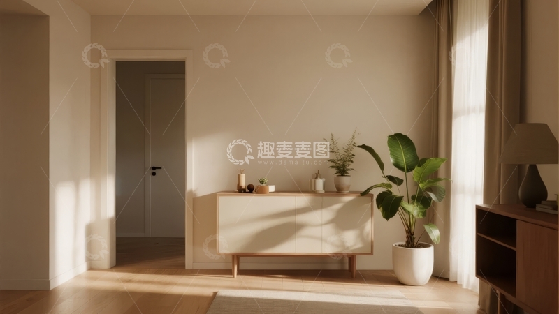 高清大图下载【趣麦麦图】简约风格客厅一角阳光透过窗户洒在木质地板上