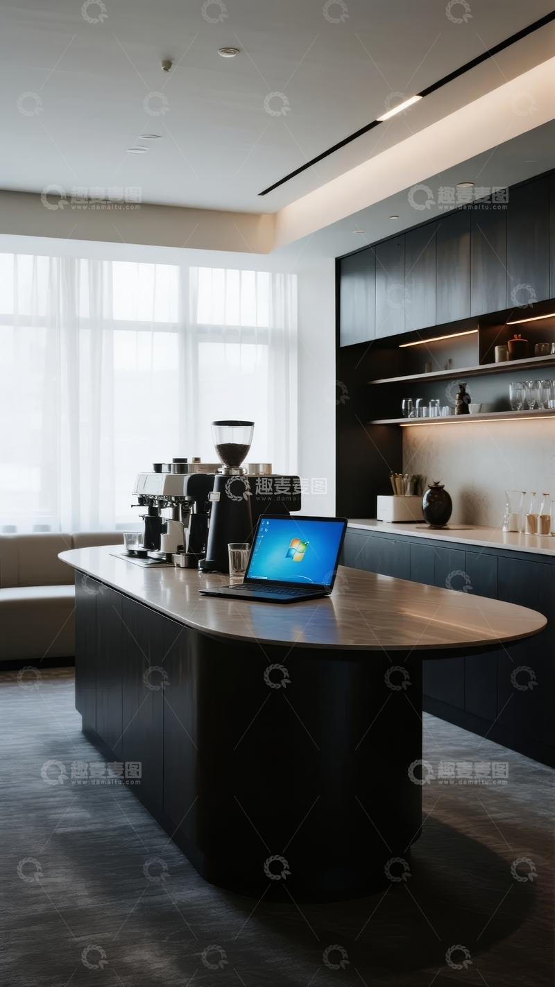 高清大图下载【趣麦麦图】现代办公室休息区配备咖啡机和笔记本电脑