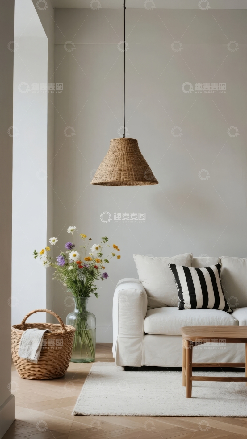 高清大图下载【趣麦麦图】简约风格客厅摆放着沙发和编织吊灯