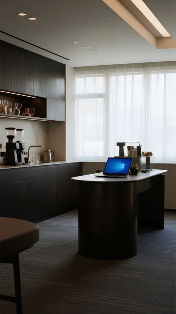 现代简约风格厨房吧台配笔记本电脑
