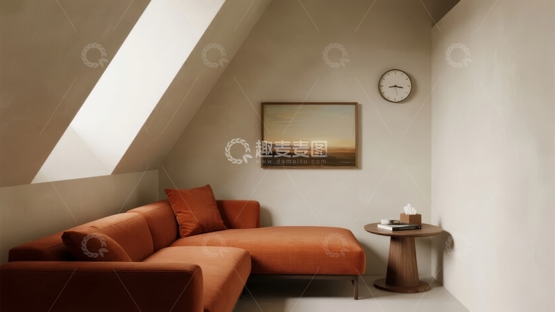 高清大图下载【趣麦麦图】阁楼角隅橙色沙发与简约装饰画